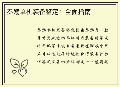 秦殇单机装备鉴定：全面指南